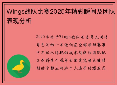 Wings战队比赛2025年精彩瞬间及团队表现分析